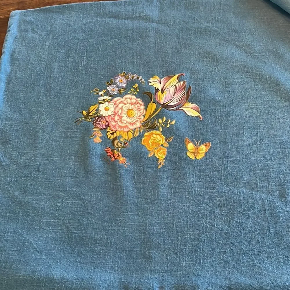IKEA Blue Upcycled Pillow Covers w/ Floral Transfers w/ Zipper Closure- 2 pcs.